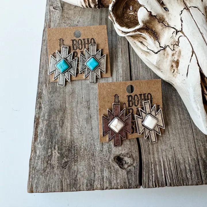 White Western Aztec Stone Earrings Antique Silver
