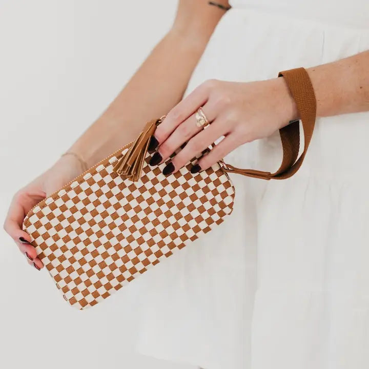 Braided Belle Clutch Wristlet Checkered Brown